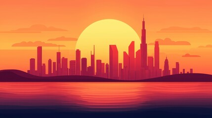 Obraz premium Stunning Cityscape Sunset Modern City Skyline Illustration