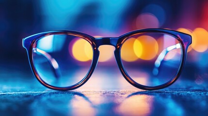Closeup of modern eyeglasses on a table featuring new lenses highlighting stylish design and precise optical craftsmanship in a vibrant atmosphere.