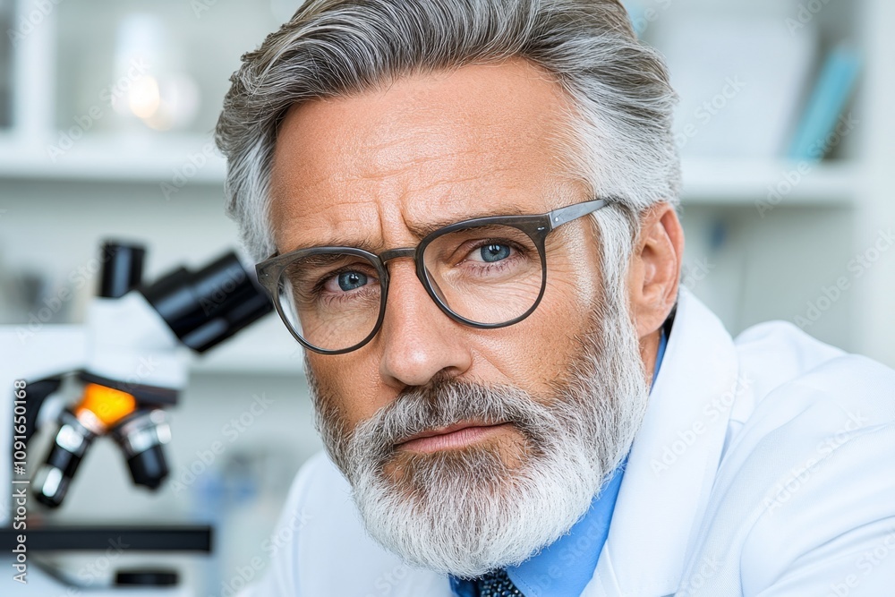 Poster a scientist in a lab, looking ahead at a glowing experiment, symbolizing discovery and innovation