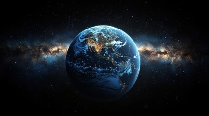 Obraz premium Earth seen from space with Milky Way galaxy in background.
