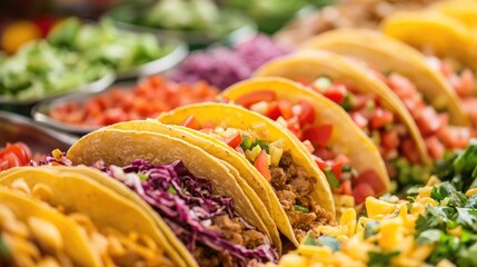 Variety of colorful taco ingredients arranged on a salad bar with fresh toppings like lettuce, tomatoes, and cilantro displayed in bowls.