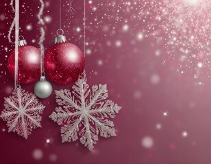 abstract pink background with glitter snow and Christmas decorations