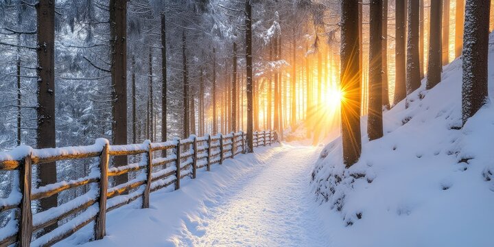 Golden rays of sunlight pierce through the snowy trees, illuminating a tranquil forest pathway lined with a rustic wooden fence in the heart of winter's embrace