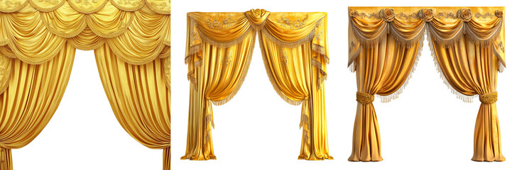 Set of yellow and gold curtain of performance stage isolated on a transparent background