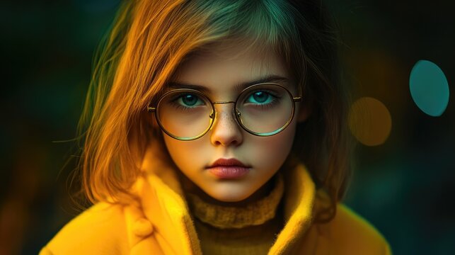 Young girl in a vibrant yellow coat and round glasses, exuding a charming and thoughtful expression against a soft, dreamy background.