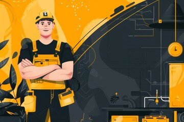 Fototapeta premium A smiling worker in a yellow uniform stands confidently with crossed arms in a vibrant workshop filled with tools and bright decor, creating an energetic atmosphere.
