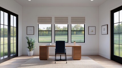 Fototapeta premium Modern Home Office Design Luxury Desk Large Windows Tranquil View