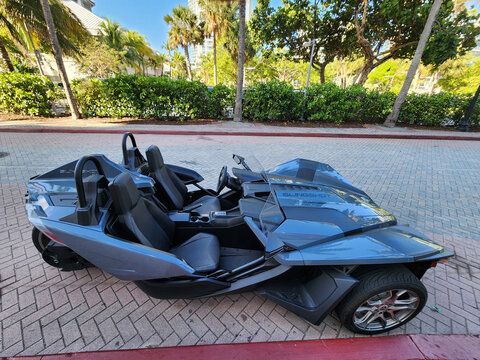 Miami Beach, Florida USA - June 6, 2024: 2023 Polaris Slingshot SL Grey. Polaris Slingshot at miami beach ocean drive florida