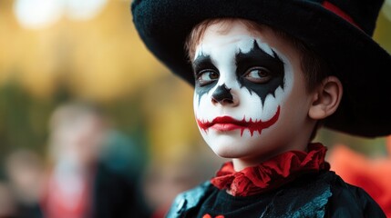 Boy in a dramatic villain costume with striking black and red face paint, wearing a top hat adorned with feathers, against a blurred festive background during a Halloween celebration.
