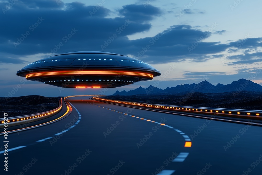 Poster Ahead road depicted as a futuristic 3D digital rendering, curving through a sci-fi landscape with metallic structures