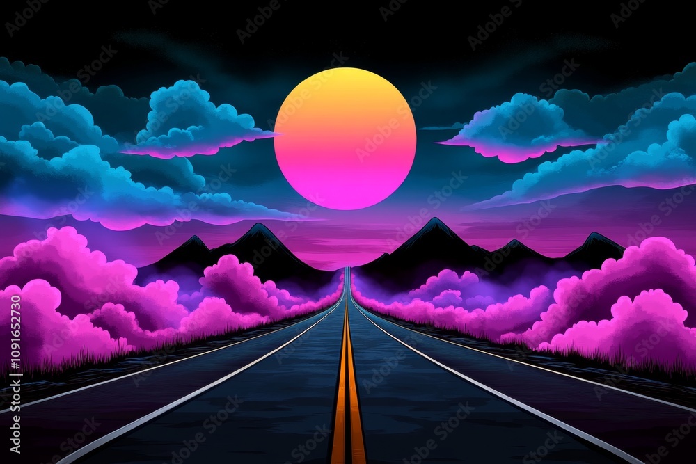 Poster Ahead road depicted in pixel art, stretching through a colorful 8-bit landscape with mountains and pixelated clouds