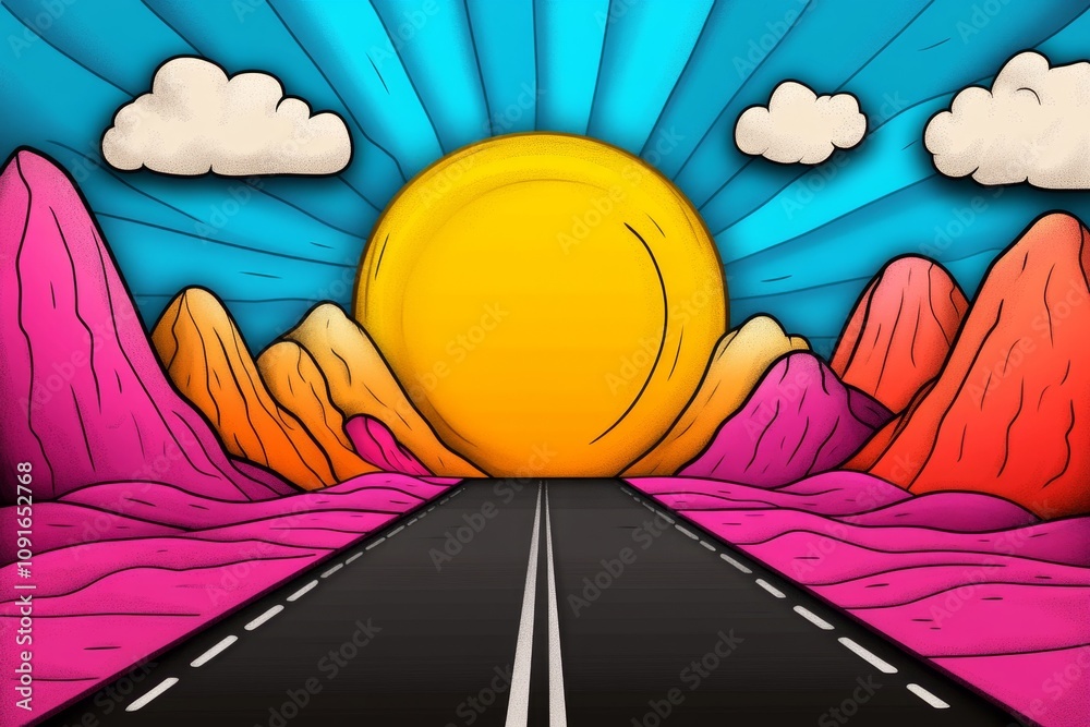 Poster ahead road depicted in pixel art, stretching through a colorful 8-bit landscape with mountains and p