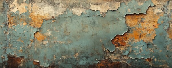 Fototapeta premium Textured wall with peeling paint and rusted metal accents, evoking a gritty atmosphere.