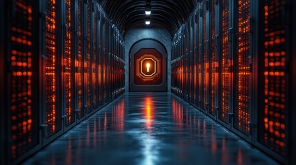 Fototapeta premium Futuristic server room with glowing red lights.