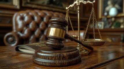 Gavel, scales of justice, and legal book on a wooden desk.