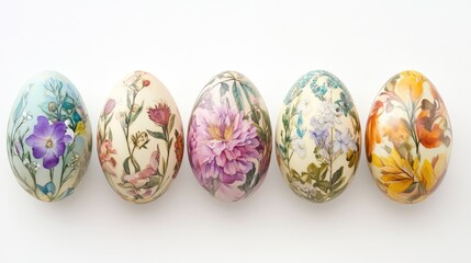 Colorful Easter eggs featuring intricate floral patterns in soft pastel colors arranged in a row on...