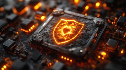 Glowing shield icon on a circuit board.