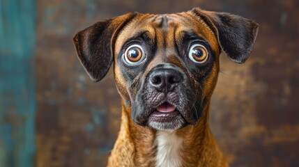 Close-up of a young dog with large, expressive eyes showcasing a surprised and curious emotion, highlighting its funny and emotional canine features.