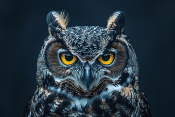 Obraz premium A large great horned owl is perched, displaying its intense yellow eyes and intricate feather patterns, contrasting sharply with the dark backdrop.
