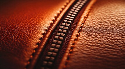 Close-up view of a rich brown leather texture showcasing a sleek horizontal zipper, illuminated to highlight the intricate stitching and material detail.