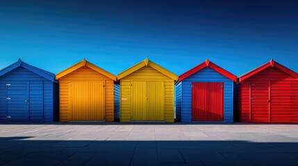 Fototapeta premium Brightly colored beach huts lined up with clear blue sky overhead, offering a picturesque scene with ample space for text display.