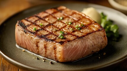 Grilled tuna steak on a rustic plate garnished with herbs, showcasing perfect grill marks and a side of mashed potatoes in an elegant dining setting.