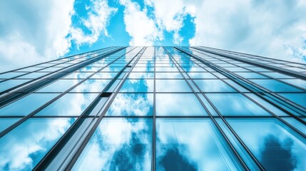 Close-up view of sleek metal frames and reflective glass windows of a modern skyscraper against a vibrant sky with scattered clouds.