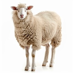 Fototapeta premium Full body portrait of a domestic sheep standing on a white background, looking at the camera
