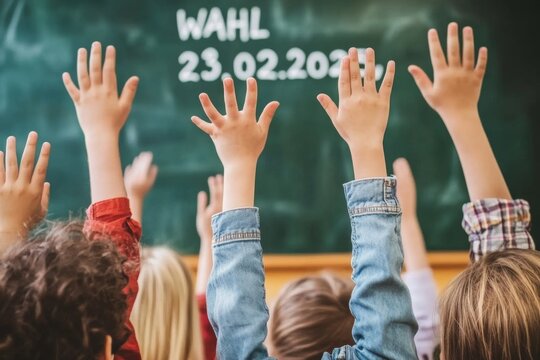 Klassenteilnahme Kinder heben die H&auml;nde f&uuml;r Abstimmungsdiskussion
