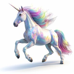 Naklejka premium Majestic unicorn with a shimmering coat is galloping gracefully, its rainbow mane flowing in the wind