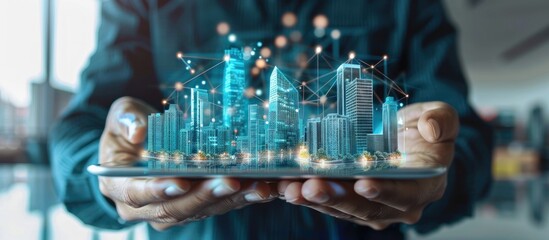 Obraz premium Digital Cityscape Emerging from a Tablet