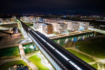 Vienna, Austria - December 27, 2022. New modern hipster quarter Asperner See Seestadt in Winter...