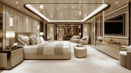Fototapeta premium Luxurious master bedroom suite with king-size bed, seating area, and modern design.