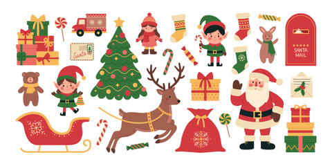 Christmas set with Santa Claus, elves, deer, sleigh, sack, tree, gifts, toys, mailbox, letters, stocking and candies. Santa mail. Holiday collection. Vector flat illustration isolated on white