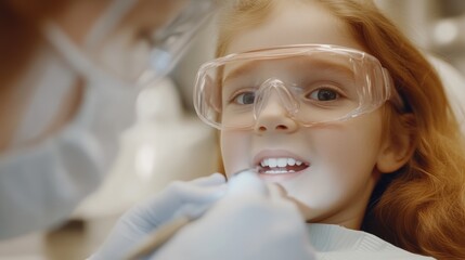 Child at dentist wearing protective eyewear during routine checkup
