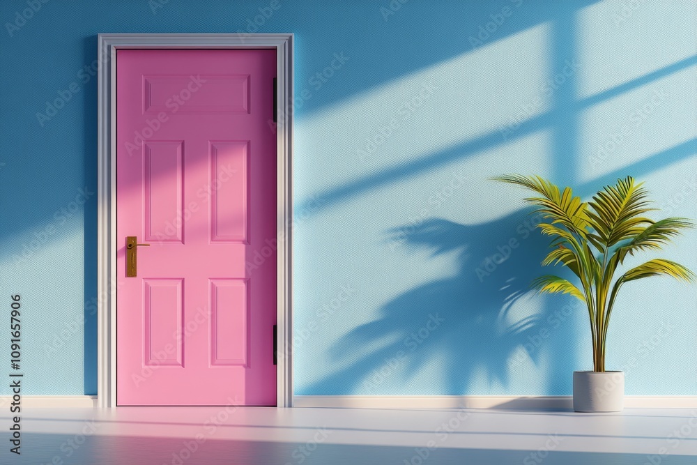 Poster Ajar door drawn in minimalist geometry, a rectangle ajar with light rays in a gradient background