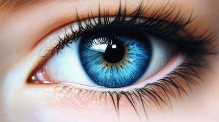 Obraz premium Close-up image showcasing a mesmerizing blue iris with vibrant details and long eyelashes surrounding the eye, highlighting its unique beauty.