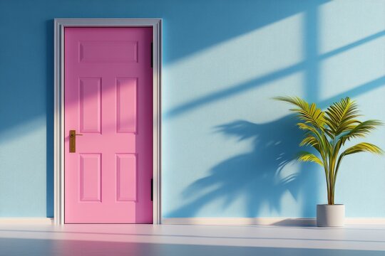 Ajar door drawn in minimalist geometry, a rectangle ajar with light rays in a gradient background