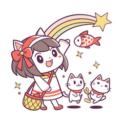 Girl and cat vector art color illustrator