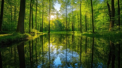 Obraz premium Tranquil Forest Scene with Lush Greenery and a Serene Reflective Pond Surrounded by Towering Trees Illuminated by Soft Sunlight in a Picturesque Natural Setting