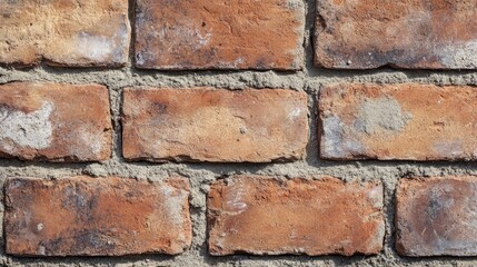 Obraz premium Close-up view of textured red bricks and mortar forming a sturdy exterior wall at a construction site, highlighting craftsmanship and building materials.