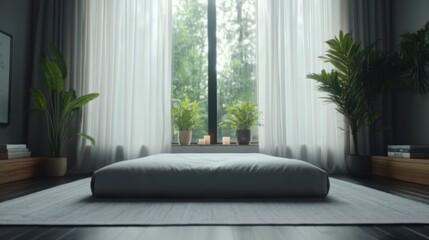 Fototapeta premium Minimalist living room with a futon and large window.
