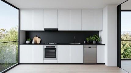 Fototapeta premium Modern Kitchen Design White Cabinets Black Island Stainless Steel Appliances