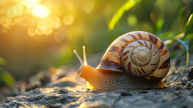 Close-up of a snail on a rocky surface in warm sunlight