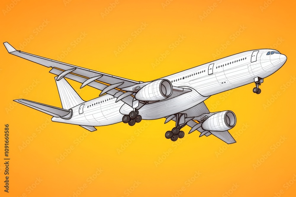 Poster minimalist line art of an aircraft with clean geometric shapes, against a soft gradient background