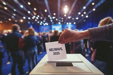 Obraz premium Wählen in einem überfüllten Saal für die Wahl 2025, das bürgerschaftliche Engagement und die demokratische Teilnahme hervorhebend