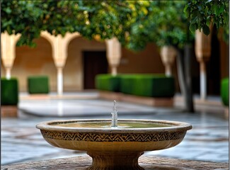 Experience the serenity of Alhambra's fountain garden in Granada, where history meets intricate artistry in an Andalusian oasis