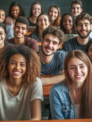 Fototapeta premium Multi-ethnic group of university students smiling in a classroom