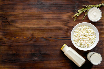 Protein food concept. Various dairy products - milk and cottage cheese with sour cream