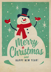 Vintage Style Christmas Illustration with realistic vintage prepress print effects on aged old paper - Merry Christmas and Happy New Year! Postcard or Poster.